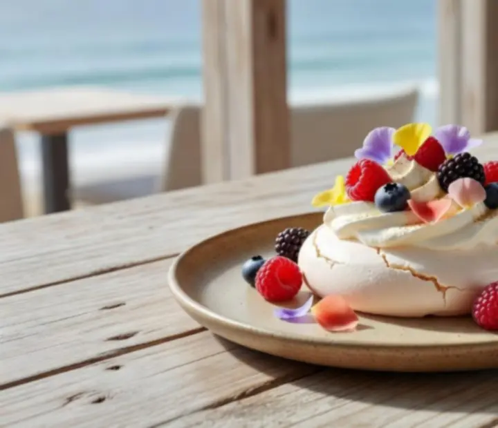 A refined Australian dessert from the Play Timenz menu on a light timber table