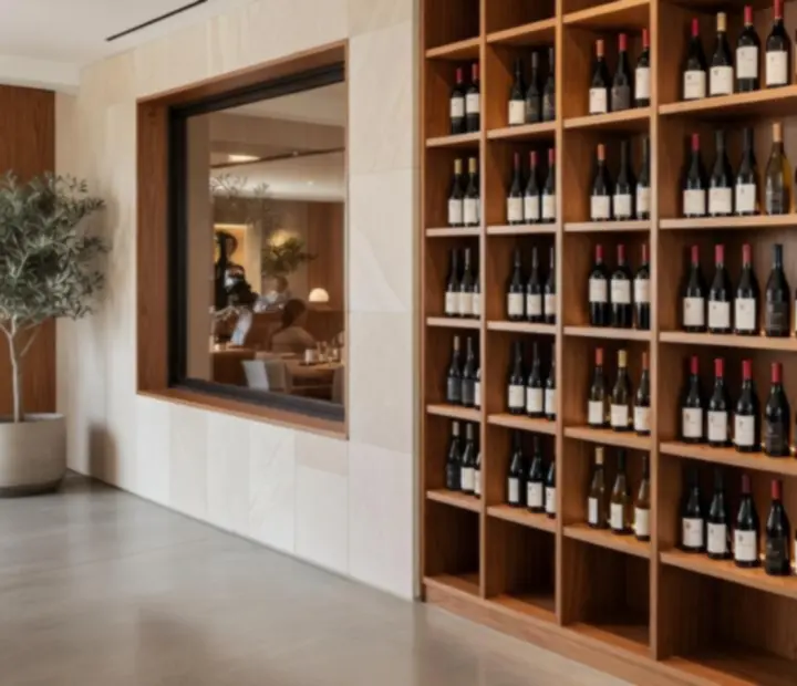 Australian wine cellar with timber shelving and softly lit bottles at Blackwood Social