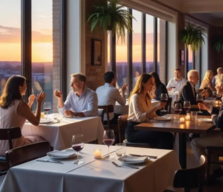 Day-to-evening sequence at a harbour-side restaurant moving into a poker lounge