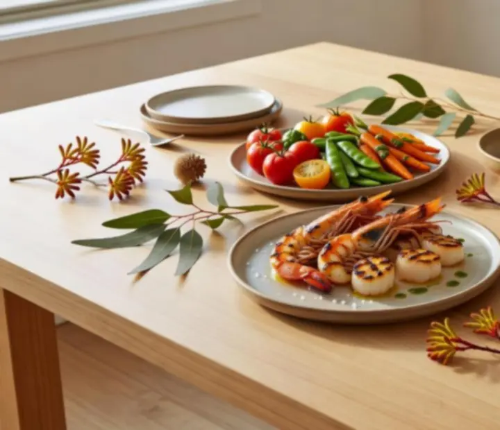 Modern Australian dishes styled on a light timber table
