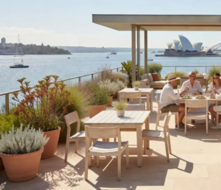 Outdoor terrace overlooking Sydney-style harbour with coastal furnishings