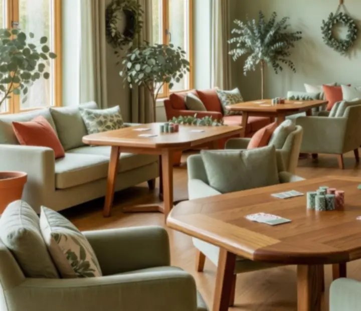 Light-filled Card Lounge interior with timber poker tables, linen chairs and eucalyptus greenery