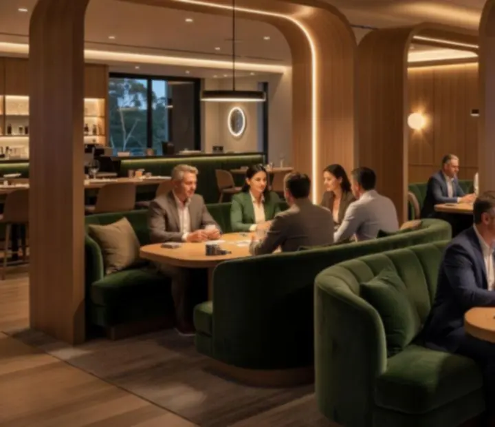 Card Lounge interior with elegant poker table, soft lighting and eucalyptus greenery