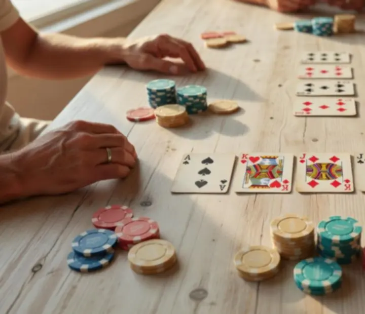 Close-up of Texas Hold'em community cards arranged on a timber poker table