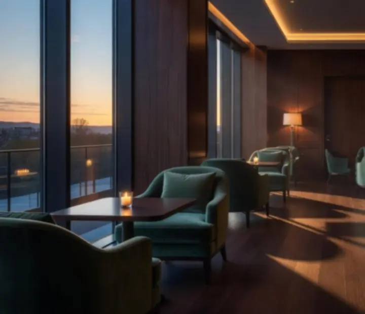 Card Lounge transitioning from bright daytime light to a warm, intimate night-time card room