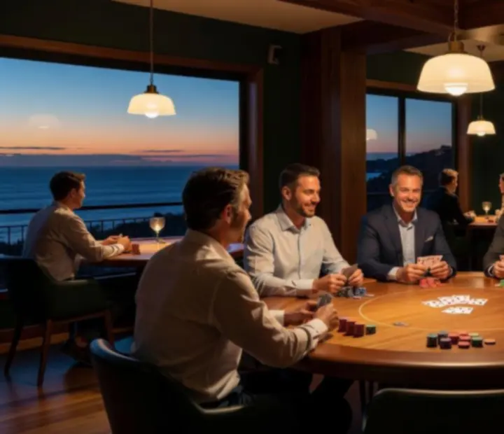 Evening poker salon atmosphere at Blackwood Social with intimate lighting