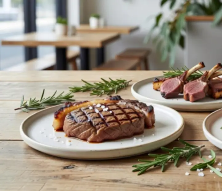 A selection of grilled Australian meats and shellfish on timber, styled for the Play Timenz menu