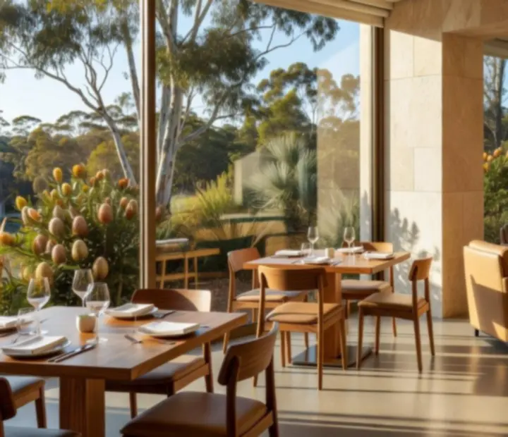 Sunlit Australian restaurant interior with a refined poker table in a neighbouring card lounge