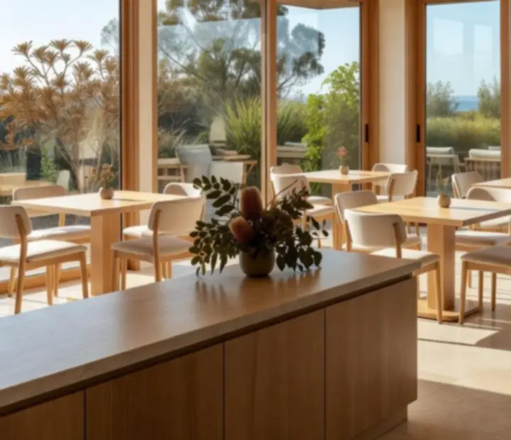 Sunlit Australian coastal restaurant with timber, stone and terrace seating at Blackwood Social