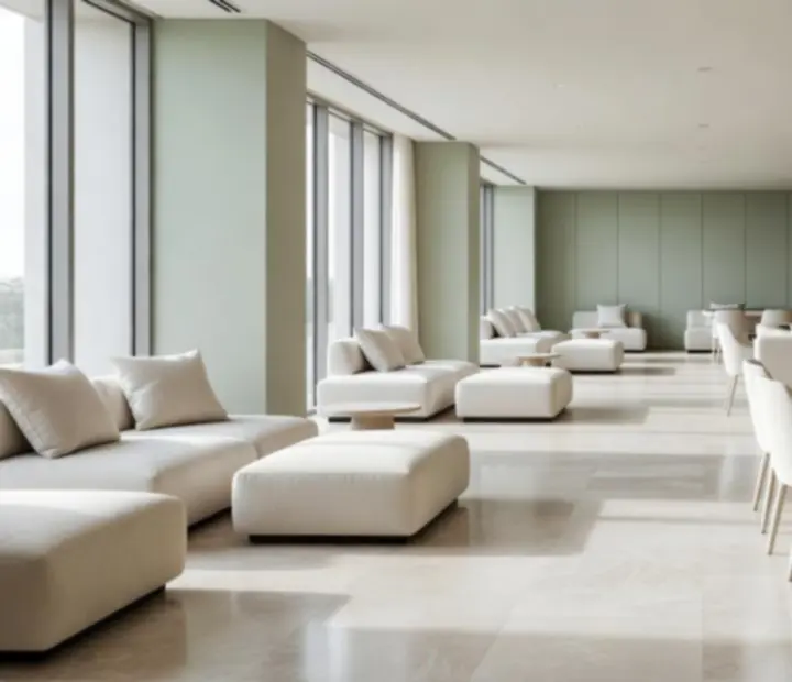 Lounge bathed in natural daylight with limestone floors, picture windows and pale sage furnishings