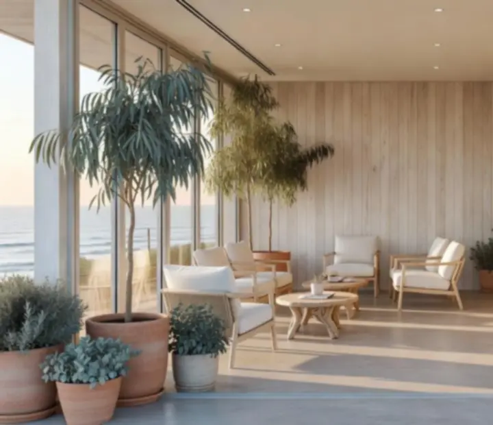 Sunlit entrance to the Card Lounge with eucalyptus greenery and pale timber walls
