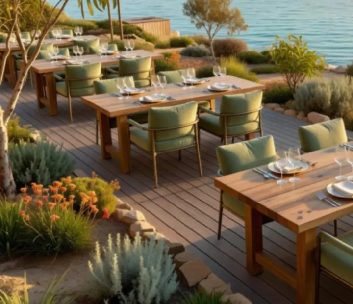 Outdoor terrace dining with linen-draped tables and harbour glimpses
