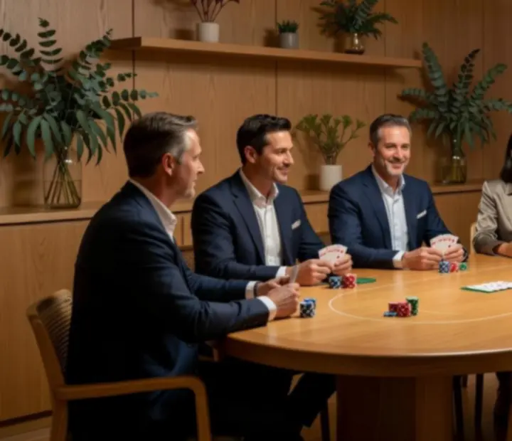 Elegant poker table scene with cards, chips and refined gestures at Blackwood Social