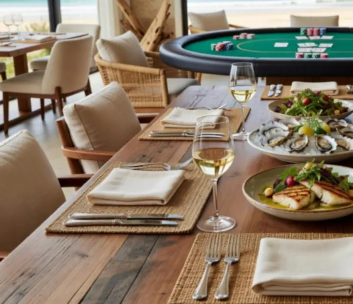 Dinner table with contemporary Australian dishes beside a poker table set for a night of offline play