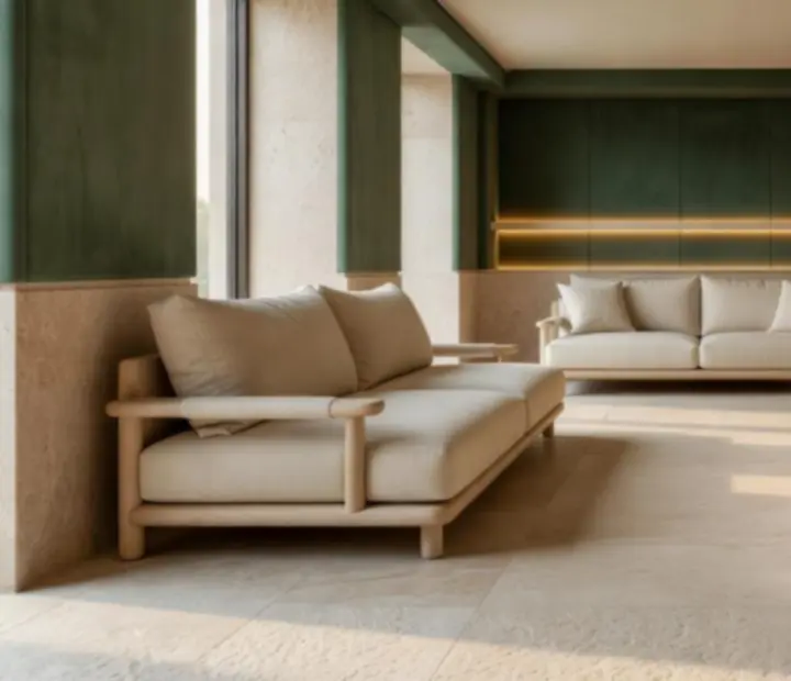 Bright poker salon with eucalyptus accents, timber and stone surfaces