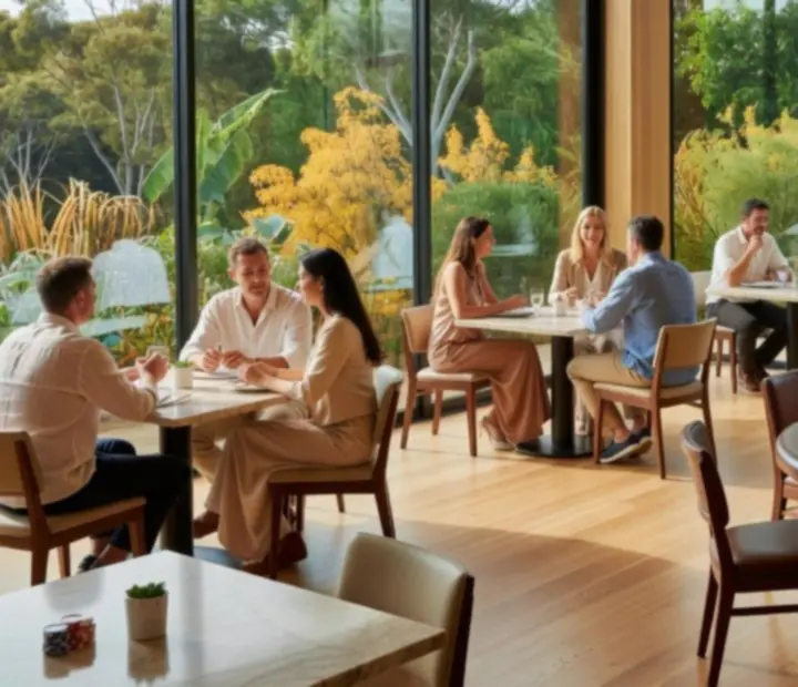 Sunlit Australian poker salon with light timber tables and linen seating