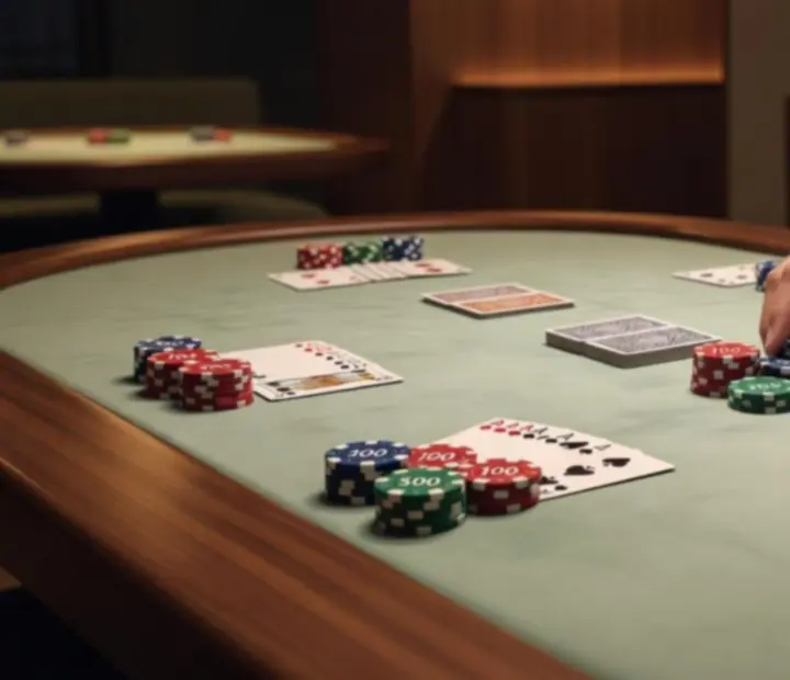 Detail of poker chips and playing cards on a pale timber poker table