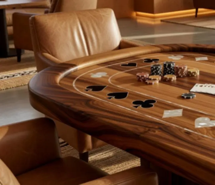 Detail of custom timber poker tables with inlaid chips and cards in the lounge