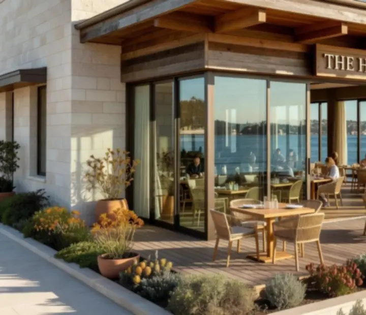 Sunlit exterior of Blackwood Social overlooking Sydney harbour