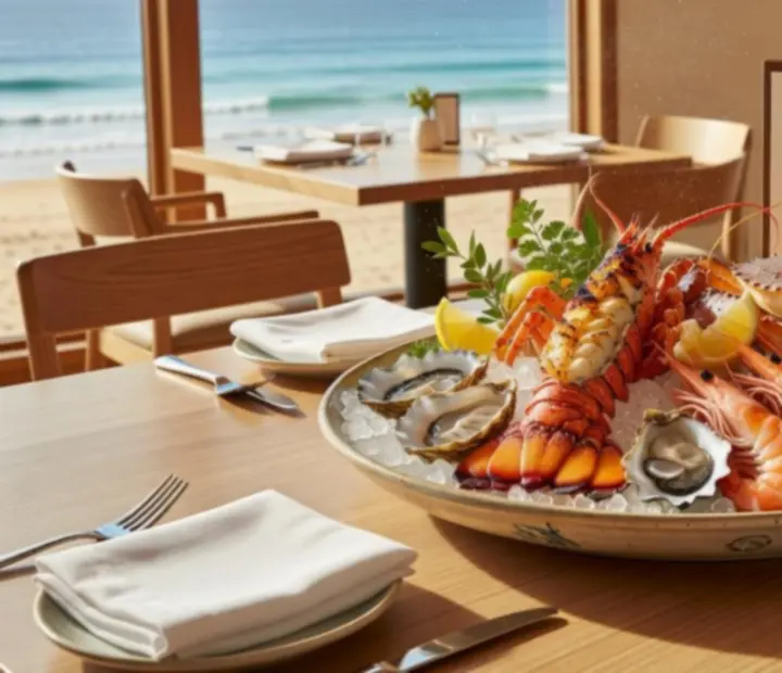 An Australian seafood platter styled for the Play Timenz menu, featuring coastal shellfish and citrus in a bright timber setting